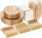 I00000 350 Pcs Gold Glitter Plastic Dinnerware Set for 50 Guests, Plastic Disposable Plates for Party, Include: 50 Dinner Plates,50 Dessert Plates,50 Paper Napkins, 50 Cups, 50 Silverware Set