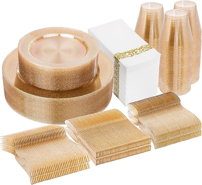 I00000 350 Pcs Gold Glitter Plastic Dinnerware Set for 50 Guests, Plastic Disposable Plates for Party, Include: 50 Dinner Plates,50 Dessert Plates,50 Paper Napkins, 50 Cups, 50 Silverware Set