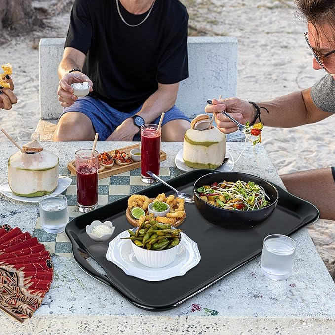 Czlizdyt 17.5 x 12’’ Large Melamine Serving Tray with Handles, Set of 2 Rectangular Melamine Serving Platters, Dishwasher Safe Trays for Eating, Appetizer, Charcuterie, Snack, Fruits, Desserts, Black