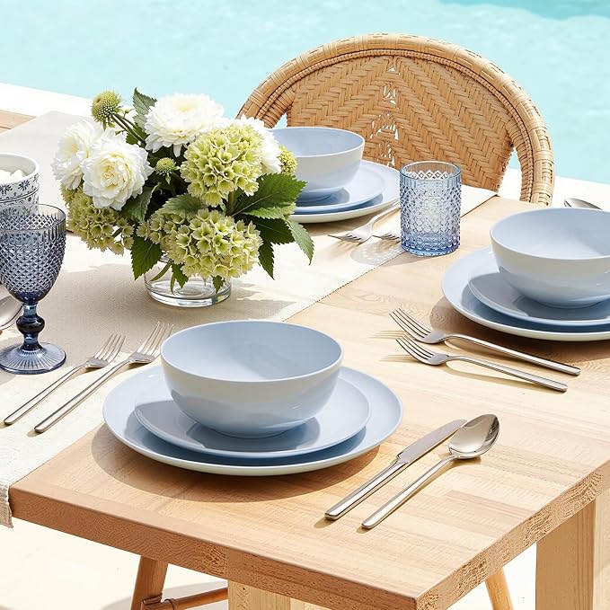 KINGSTONE 12-Piece Bone China Dinnerware Set for 4, Lightweight Porcelain Round Plates and Bowls Set, Durable Scratch Resistant Ceramic Dinner Set, Microwave & Dishwasher Safe, Misty Blue