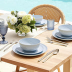 KINGSTONE 18-Piece Bone China Dinnerware Set for 6, Lightweight Porcelain Round Plates and Bowls Set, Durable Scratch Resistant Ceramic Dinner Set, Microwave & Dishwasher Safe, Misty Blue