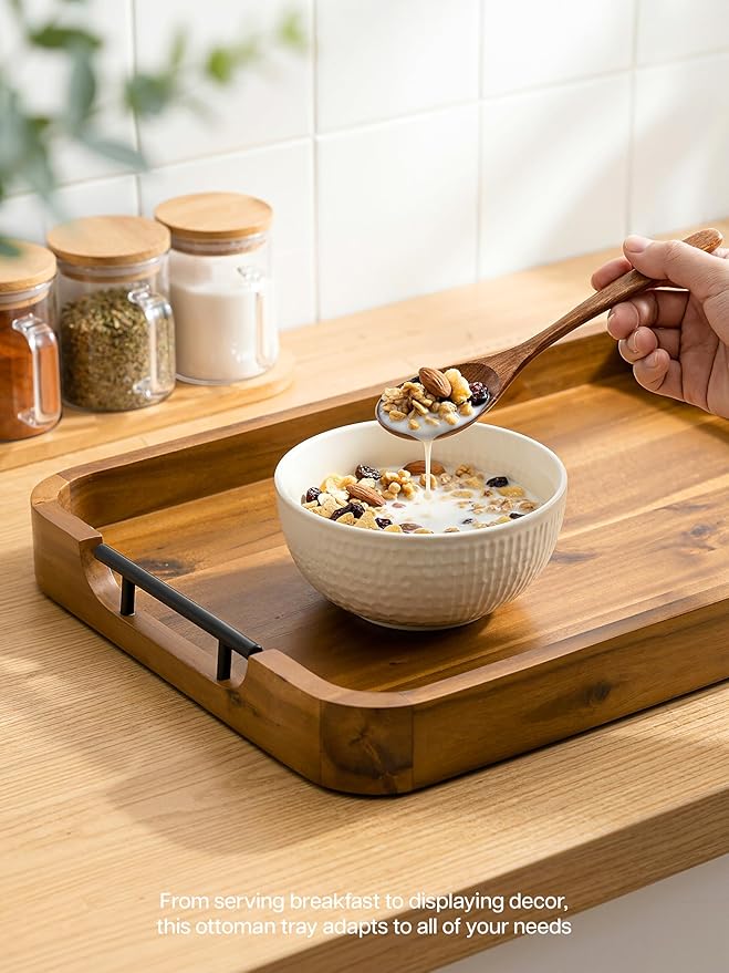 TIDITA Large Serving Tray with Handles - 20”x14” Rectangle Ottoman Tray, Wooden Tray for Ottoman, Wooden Ottoman Tray for Living Room - Decorative Trays for Coffee Table with Round Edge for Breakfast