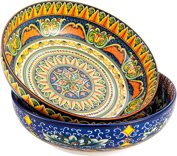 Henten Home Porcelain Pasta Bowls Set of 2, Ceramic 50 oz Soup Bowl, Colorful Large Salad Bowls, Bohemia Style Serving Bowls Set for Noodles, Microwave & Dishwasher Safe (B)