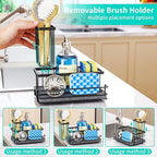 HapiRm Sink Caddy Sponge Holder - Kitchen Sink Organizer with Instant Drying Stone and Brush Holder, Stainless Steel Sponge Caddy for Kitchen Countertop - Black
