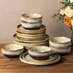 TheTerra Ceramic Dinnerware Sets for 6, 18 Pieces Handmade Reactive Glaze Plates and Bowls Sets, Scratch Resistant Dish Set, Oven & Microwave & Dishwasher Safe, Brown Blue