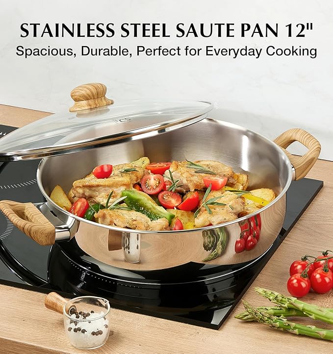KOCH SYSTEME CS Stainless Steel Saute Pan with Lid, 12 Inch Deep Frying Pan with Double Handles, 5.5 Quart 18/10 Stainless Steel Pan with Cool-Touch Bakelite Handle, Deep Frying Pan, Induction Ready