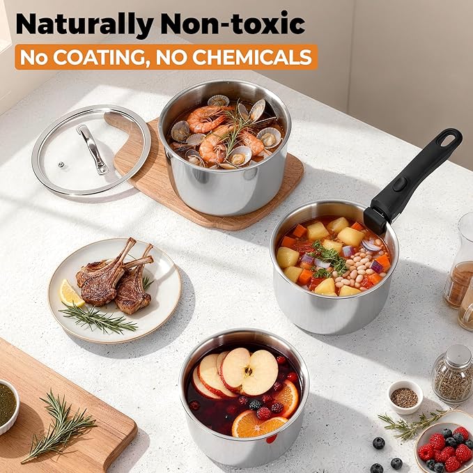 P&P CHEF Tri-Ply Stainless Steel Cookware Set of 3 with Removable Handle, 9-Pieces Pots and Pans Set, Induction 2Qt Saucepan, 3Qt Small Pot & 4Qt Cooking Pot, Oven & RV Safe to 500℉, Dishwasher Safe