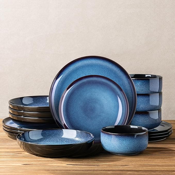 LERATIO Ceramic Dinnerware Sets with Pasta Bowls for 4,Reactive Glaze Plates and Bowls Sets,Oven &Microwave & Dishwasher Safe,Light Weight & Scratch Resistant Dishes Sets-Service for 4 (16pcs)-BLUE