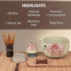 Matcha Whisk Set, 7-Piece Matcha Kit with Ceramic Bowl, Bamboo Whisk, Scoop, Sifter, Holder & Bamboo Mat – Premium Matcha Tea Set for Beginners & Matcha Lovers, Gift Ready