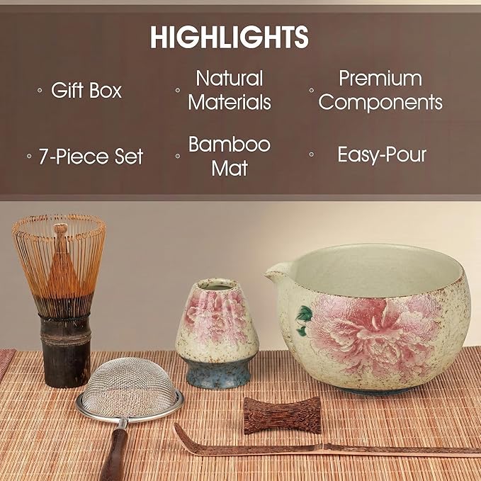 Matcha Whisk Set, 7-Piece Matcha Kit with Ceramic Bowl, Bamboo Whisk, Scoop, Sifter, Holder & Bamboo Mat – Premium Matcha Tea Set for Beginners & Matcha Lovers, Gift Ready