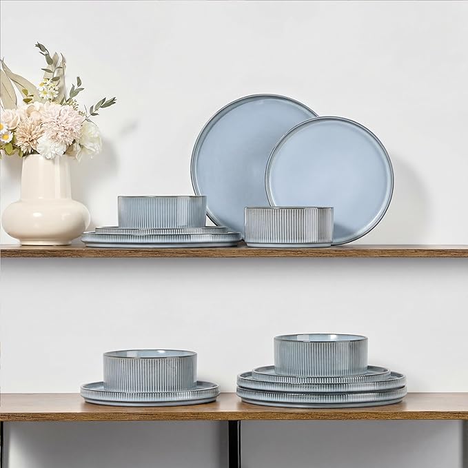 E-far Stoneware Dinnerware Sets for 2, 6-Piece Plates and Bowls Sets, Chip & Scratch Resistant Ribbed Dish Set for Home Restaurant, Microwave & Dishwasher Safe, Dusty Blue
