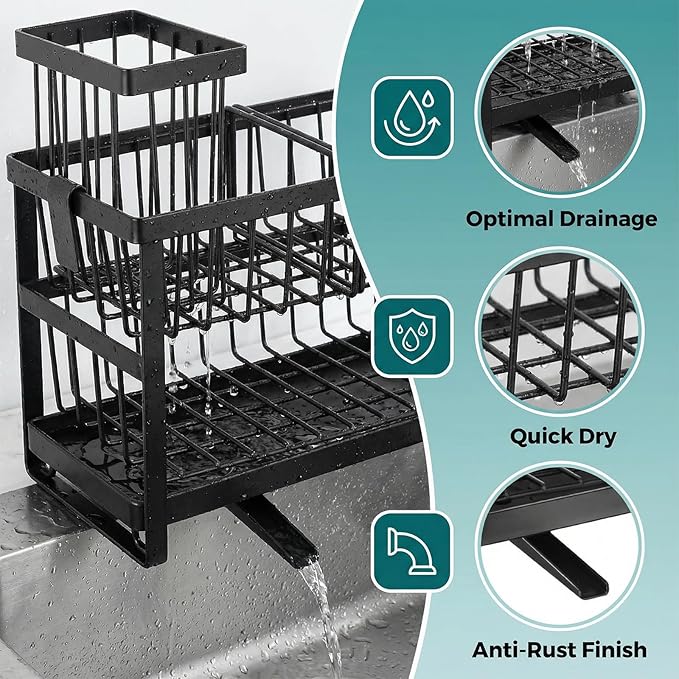2-Tier Sink Sponge Caddy Organizer | Self Drain Sink Caddy with Dish Brush Holder | Non Toxic Kitchen Sink Accessories for Sponges, Brushes & Soap (Black)