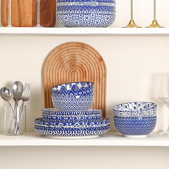 Selamica Ceramic Plates and Bowls Sets,18 Pieces Retro Floral Dinnerware Sets for 6,Dishwasher & Microwave Safe dish set,Family & Holiday Dining, Vintage Blue