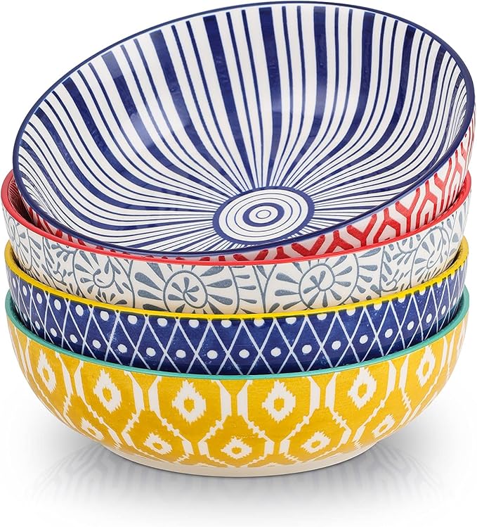 Selamica Ceramic 50 Ounce Pasta Bowls Set of 4, 8.6 Inch Large Salad Bowls, Wide and Shallow Porcelain Soup Bowls, Stackable Serving Bowls, Microwave Dishwasher Safe, Assorted Colors