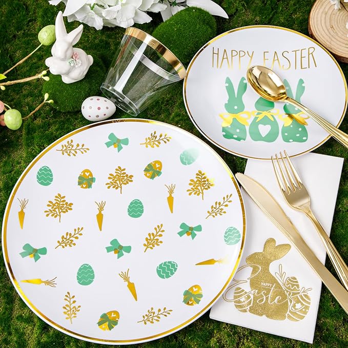 Hioasis 175pcs Easter Plastic Plates, Bunny Plastic Disposable Dinnerware Set Include 25 Dinner Plates, 25 Dessert Plates, 25 Forks, 25 Knives, 25 Spoons, 25 Napkins，25 Cups Perfect for Easter Party