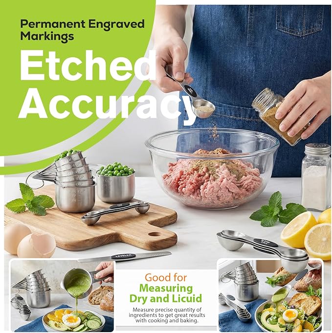 Measuring Cups and Spoons Set, 304 Stainless Steel Measuring Cups Set of 7,8 Magnetic Stainless Steel Measuring Spoons & 1 Leveler for for Measure Dry and Liquid Ingredients