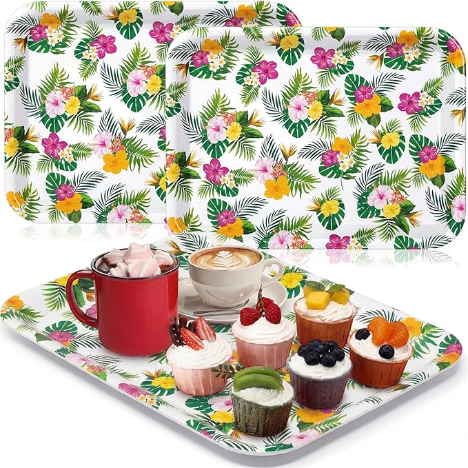 Vesici 3 Pcs Hawaiian Luau Serving Trays 13 x 10 Inch Aloha Tropical Palm Leaf Hibiscus Floral Melamine Platters Reusable Rectangular Serving Dishes for Summer Beach Party Sharing Snacks Fruit Dessert