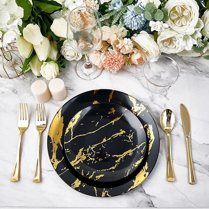 JOLLY PARTY 180PCS Disposable Dinnerware Set 30 Guest, 60 Black and Gold Plastic Plates, 30 Silverware, 30 Plastic Cups, Marble Design Dinnerware for Halloween, Wedding and Parties