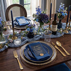 KIRE 350Pcs Blue and Gold Plates -Heavy Duty Navy Blue Dinnerware Set - 100 Plastic Plates 50 Pre Rolled Napkins with Gold Plastic Silverware 50 Cups for Birthday/Wedding/Parties/Passover/Graduation