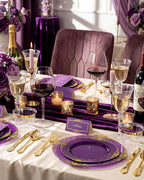 Nervure 350PCS Purple Plastic Plates - Disposable Purple Gold Party Plates & Pre Rolled Napkins with Cutlery for 50 Guests, 100Plates, 150 Silverware, 50 Cups, 50 Napkin for Wedding & Party & Bridal