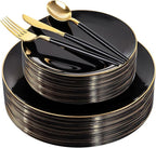 DaYammi 150Pcs Black Plastic Plates with Gold Silverware,Black Disposable Plates Set Included 30 Dinner Plate,30 Dessert plate,30 Knives,30 Forks,30 Spoons,black and gold plates for Party Wedding