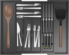 Bamboo Kitchen Drawer Organizer, Expandable Silverware Organizer with Removable Knife Block, 6-8 Slots- Utensil Holder & Cutlery Tray Drawer Dividers, 2.36" Deep for Extra Capacity, Black