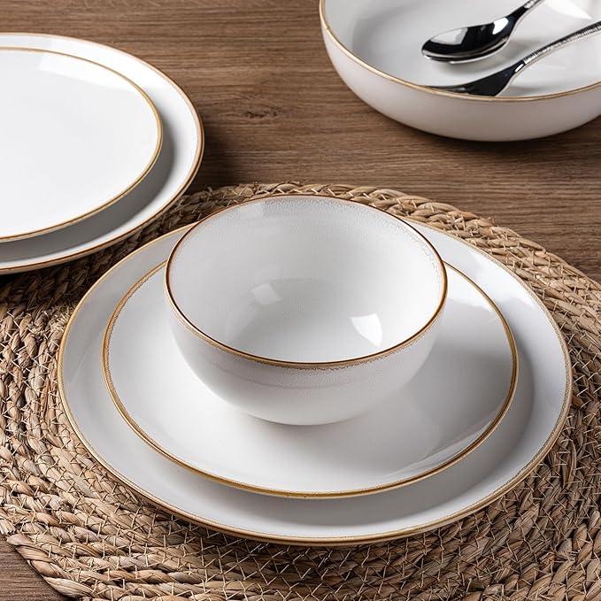 GBHOME Ceramic Dinnerware Sets for 4, 12 Pieces Stoneware Plates and Bowls Sets, Reactive Glaze Dishes -Scratch Resistant, Dishwasher&Microwave Safe，Pearl White