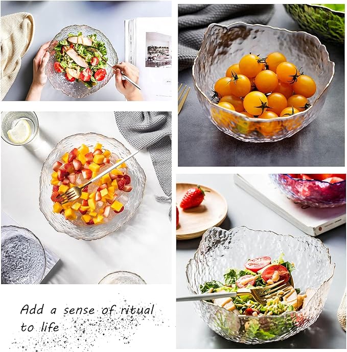 TOSSOW Glass Salad Bowl Irregular Shape Serving Bowls, 25 oz Pyrex Mixing Bowls for Kitchen Prep, Fruit, Snack, Dessert, and Candy Dishes or Nut Bowls(Transparent)