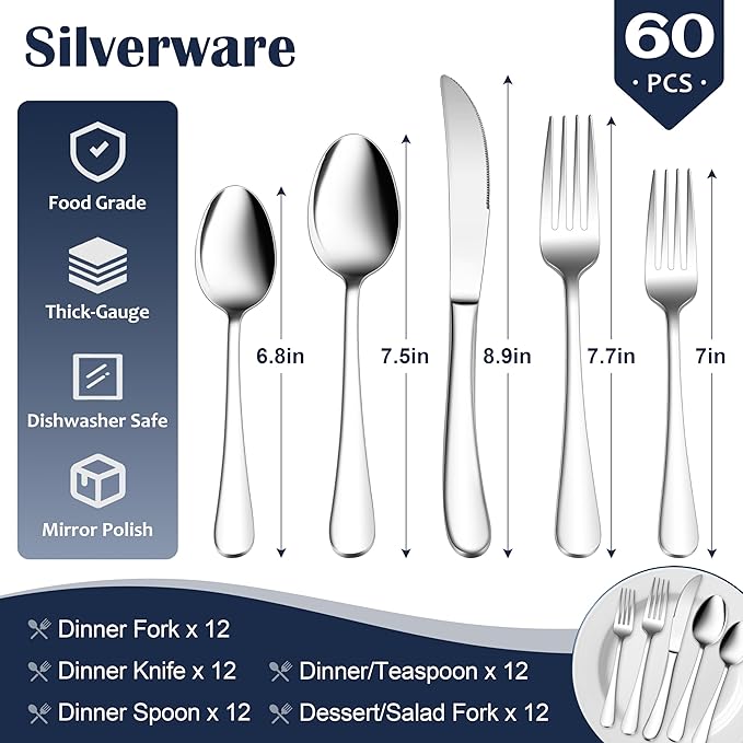 E-far Heavy Duty Silverware Set for 12, 60-Piece Stainless Steel Flatware Cutlery Set, Thick Metal Eating Utensils Including Forks and Spoons Knife, Heavy Weight & Mirror Finish, Dishwasher Safe