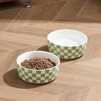 6.4 inch Ceramic Hand Painted Basic Dog Bowl Set of 2 with Anti-Skid Rubber Base, Food and Water Bowls for Small Pets Green