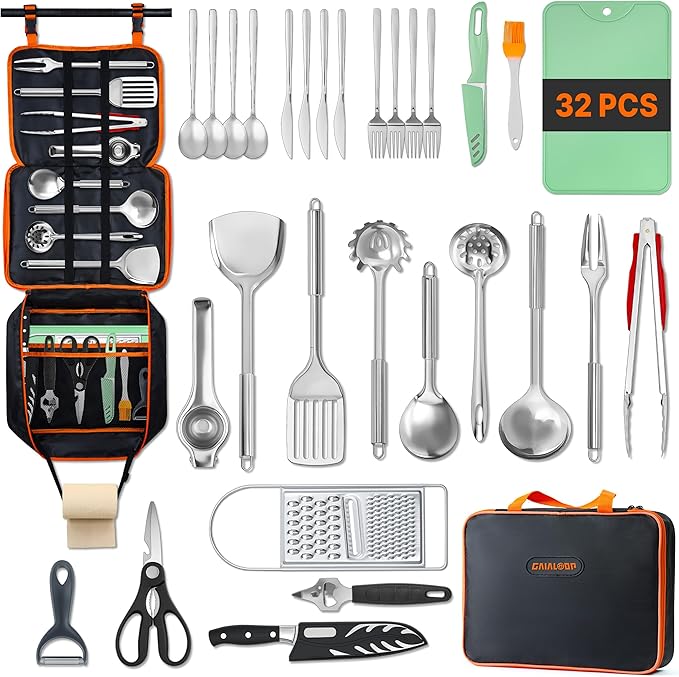 Portable Camping Cooking Utensils Set, Camp Kitchen Set with Organizer Bag, RV Essentials Outdoor Cooking Utensil Kit for Travel, Picnics, Camping, BBQs, Parties