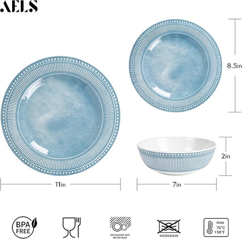 AELS Melamine Dinnerware Set of 12 Pcs, Dinner Dishes Set for Indoor and Outdoor Use, Melamine Plates and Bowls Set for 4, Dishwasher Safe, Lightweight Unbreakable, BPA Free, Blue