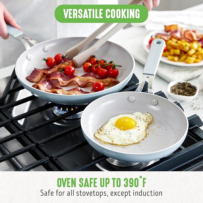 GreenLife 8” & 10” 2 Piece Nonstick Ceramic Frying Pan Set, Lightweight Healthy PFAS-Free Skillets, Dishwasher & Oven Safe, Durable Body, Silicone Stay-Cool Handles, Easy Release, Blue Haze