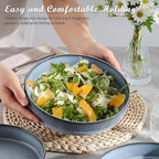 E-far Pasta Bowls Set of 4, 35oz Large Salad Bowl Plate for Dinner Serving Soup, Wide & Shallow Ceramic Stoneware Pasta Plates, Microwave & Dishwasher Safe, Reactive Glaze Textured Stripes, Dusty Blue