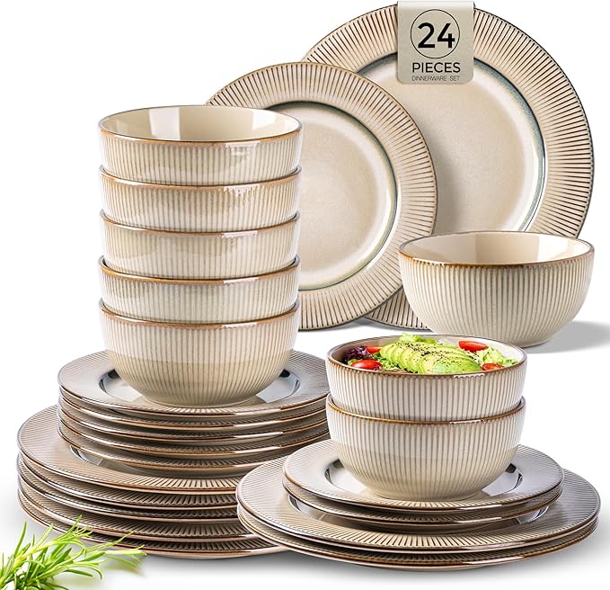 GBHOME Ceramic Dinnerware Sets, 24 pcs Embossed Elegant Stoneware Plates and Bowls Sets, Housewarming Wedding Gift | Dishwasher & Microwave Safe | Dishes Set Service for 8