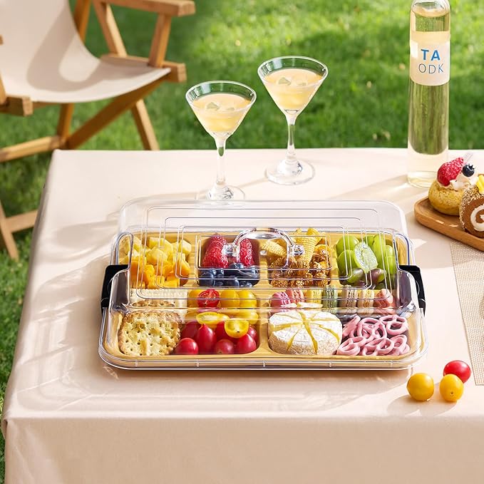 Lifewit 6 Compartment Melamine Charcuterie Board, 11 x 14 Inch Portable Cheese Board with Plastic Lockable Clear Lid, Serving Platter with Cover for Snacks, Fruit, Appetizers