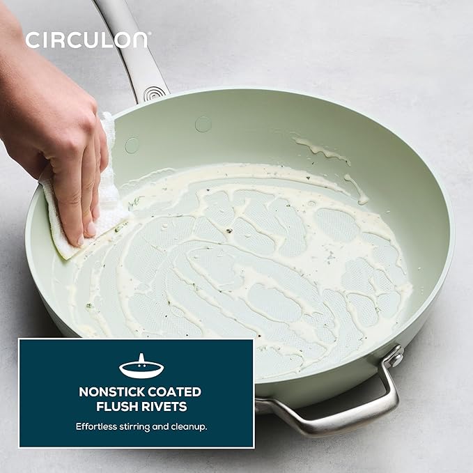 Circulon Halo with LaserDefense Ceramic Nonstick Frying Pan with Helper Handle and Lid, Made Without PFAS, Compatible with All Stovetops, Dishwasher and Oven Safe, 12 Inch Skillet - Sage