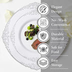 Nervure 175PCS Silver Plastic Plates - White and Silver Disposable Plates for 25 Guests Include 50Plates, 25Cups, 25Forks, 25Knives, 25Spoons, 25Napkins for Wedding & Party