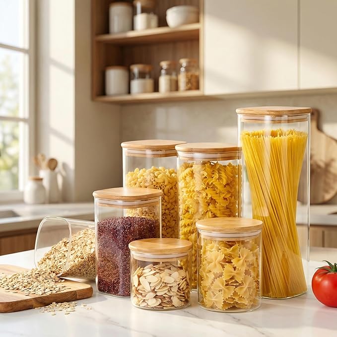 Square Glass Jars with Bamboo Lids 53 FL OZ [Set of 4], Glass Canisters with Airtight Lid, Glass Food Storage Containers for Pasta, Cereal, Coffee, Flour, Sugar, Best for Kitchen & Pantry