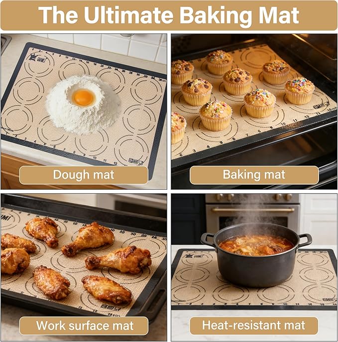Silicone Baking Mat Set, GUANCI Grade Food Baking mats Non-Stick Reusable Pizza Bakeware Mat for Making Macaroon, Pizza, Cookie, Pastry, Bread, Brown (2PCS-GR)