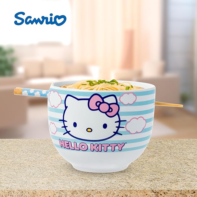 Silver Buffalo Sanrio Hello Kitty Blue and Pink Skies Ceramic Ramen Noodle Rice Bowl with Chopsticks, Microwave Safe, 20 Ounces
