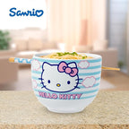 Silver Buffalo Sanrio Hello Kitty Blue and Pink Skies Ceramic Ramen Noodle Rice Bowl with Chopsticks, Microwave Safe, 20 Ounces