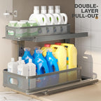 2 Pack 18.5IN-Depth Under Sink Organizer With Next-Gen Ball-Bearing Slides,2-Tier Precision Mesh Pull Out Cabinet Storage for Bathroom&Kitchen,Height Adjustable Drawers Shelf,Anti-rust-Grey