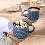 GBhome 12OZ Stackable Coffee Mugs with Stand, Ceramic Coffee Mugs with Texture Patterns for Man,Woman,Dad,Mom, Modern Coffee Cups Set of 4 for Latte/Cappuccino/Cocoa. Dishwasher&Microwave Safe, Blue