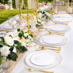 KIRE 175PCS Gold Plates Disposable - Heavy Duty White and Gold Plastic Plates Dinnerware Sets - 25 for Dinner 25 for Dessert 25 Pre Rolled Napkins and 25 Cups for Birthday/Ramadan/Wedding/Mother's Day