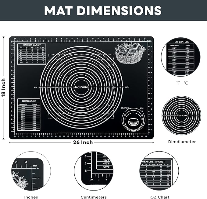 Extra Large Baking Mat - 26" Silicone Pastry Mat, Reusable Non-Stick Dough Mat with Measurement for Fondant, Rolling Dough, Pie Crust, Pizza and Cookies, Black
