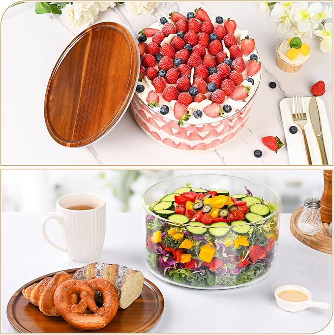 LOVYANXUE 155 oz Large Glass Trifle Bowl with Acacia Wood Lid - Glass Salad Bowl, Versatile Serving Bowls for Cake, Salad, Fruit, Baking, Dessert, Meal Prep, Storing, Microwave & Oven Safe, BPA Free