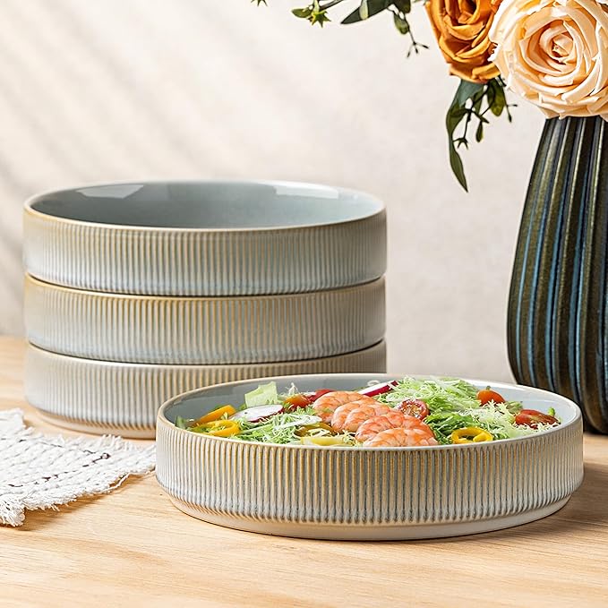 theterra 7.5'' Ceramic Pasta Bowls, Salad Bowls Set of 4, Stoneware Serving Bowls for Fruits, Noodle, Dinner, House-warming Wedding Present, Desert Sage