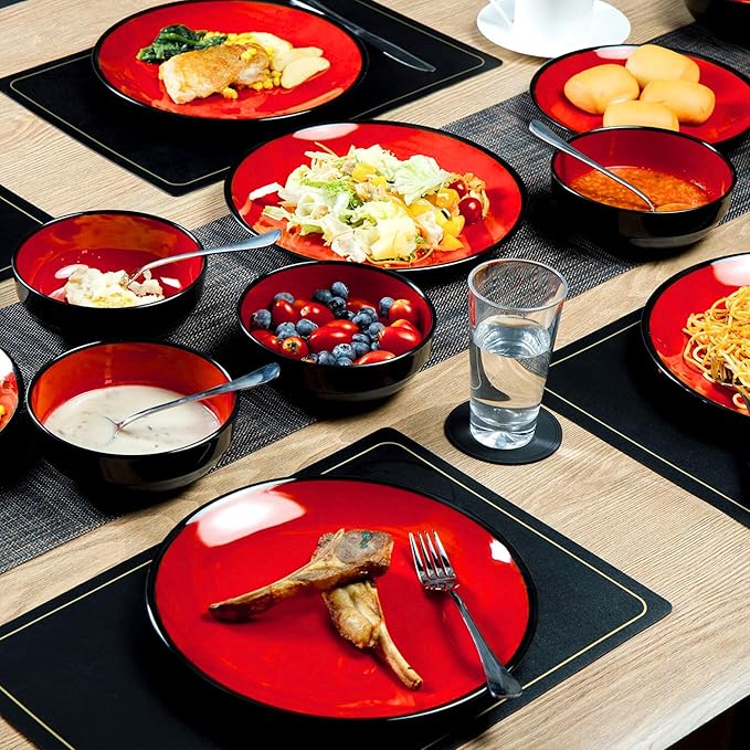 TP 12-Piece Melamine Dinnerware Sets, Plates and Bowls Dishes Set for 4, Break-Resistant & Non-Microwavable, Lightweight Dinner Plates, Glossy Black and Red