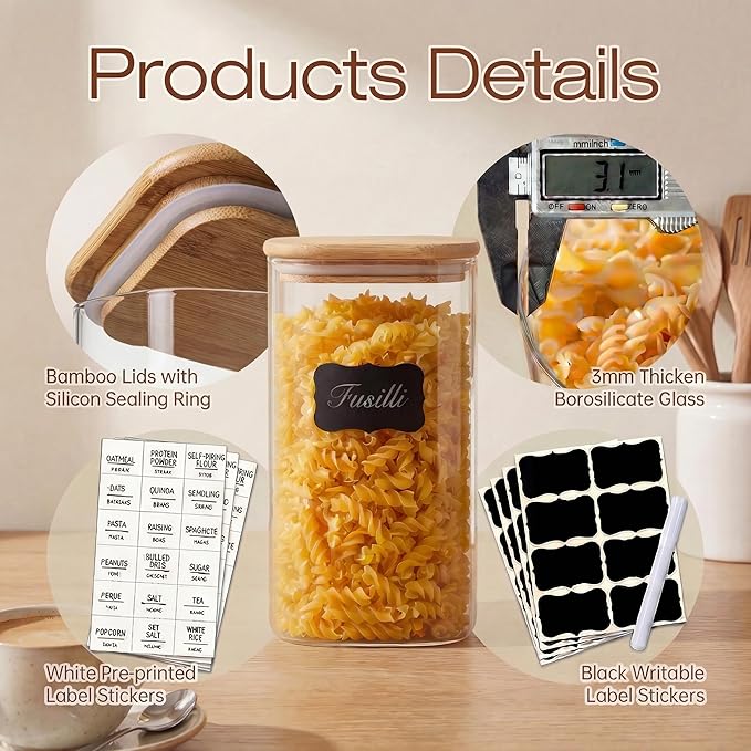 Square Glass Jars with Bamboo Lids 53 FL OZ [Set of 4], Glass Canisters with Airtight Lid, Glass Food Storage Containers for Pasta, Cereal, Coffee, Flour, Sugar, Best for Kitchen & Pantry
